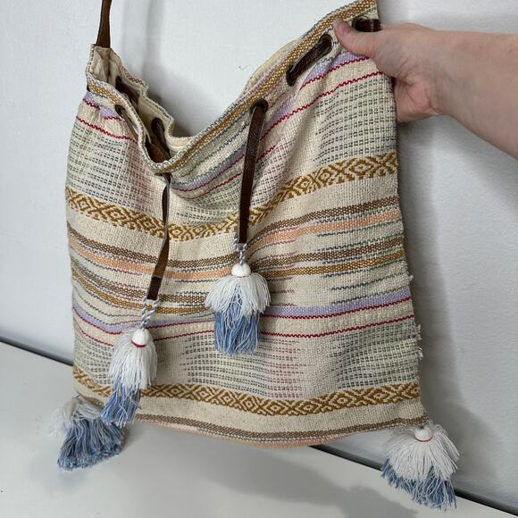 Lovestitch Tan Multicolor Striped Canvas Boho Bag Drawstring Snap Closure - Picture 6 of 16